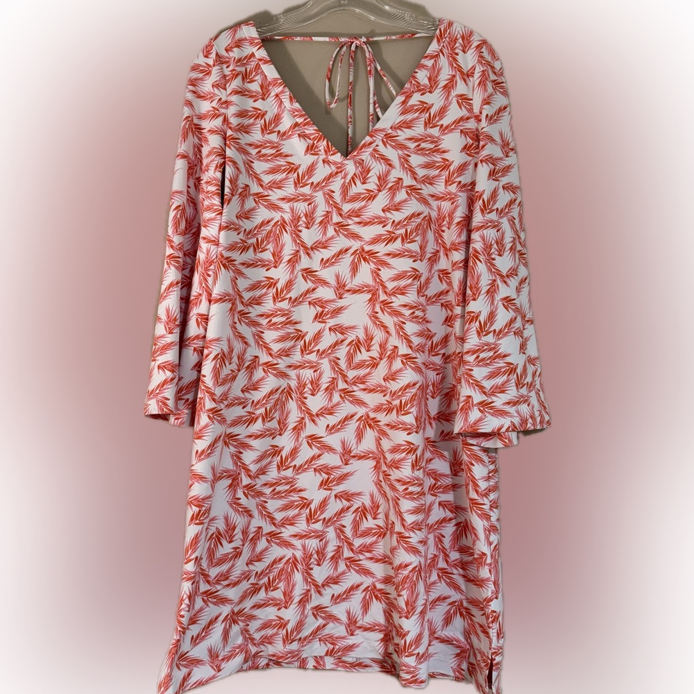 Persifor shift dress medium bell sleeve palm print SPF resort wear vacation
